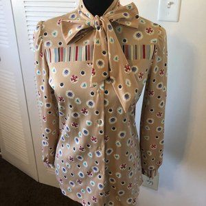 1970's Vintage Pussycat Bow Blouse-Geometric Print